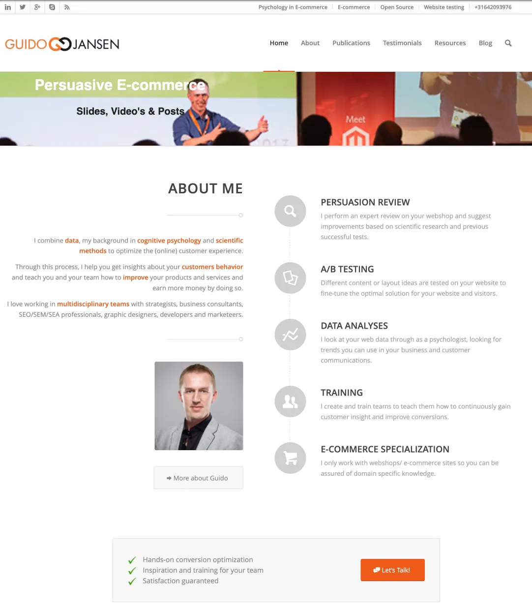 Screenshot of the earlier gui.do homepage with an About me section and services: persuasion review, A/B testing, data analyses, training