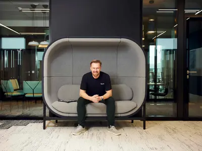 Guido working on a couch during a casual work session