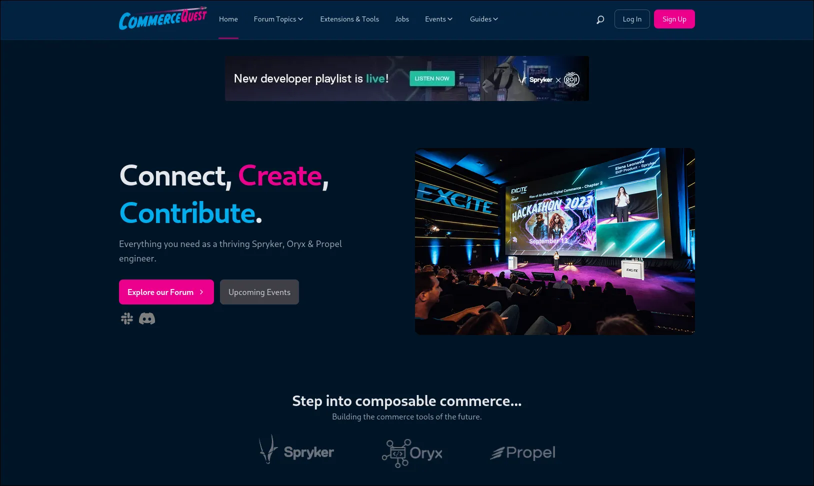 Spryker community platform CommerceQuest, self-hosted on the open source Astro and Vanilla platforms. The website is completely public on our community Github pages where members can adjust the content and code.
