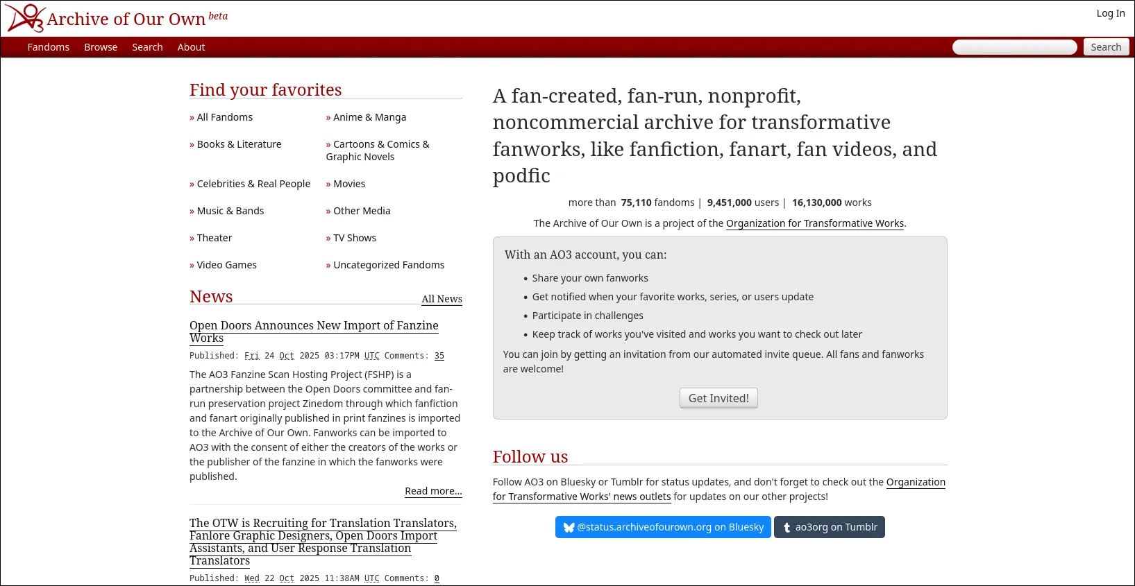 Archive of Our Own homepage