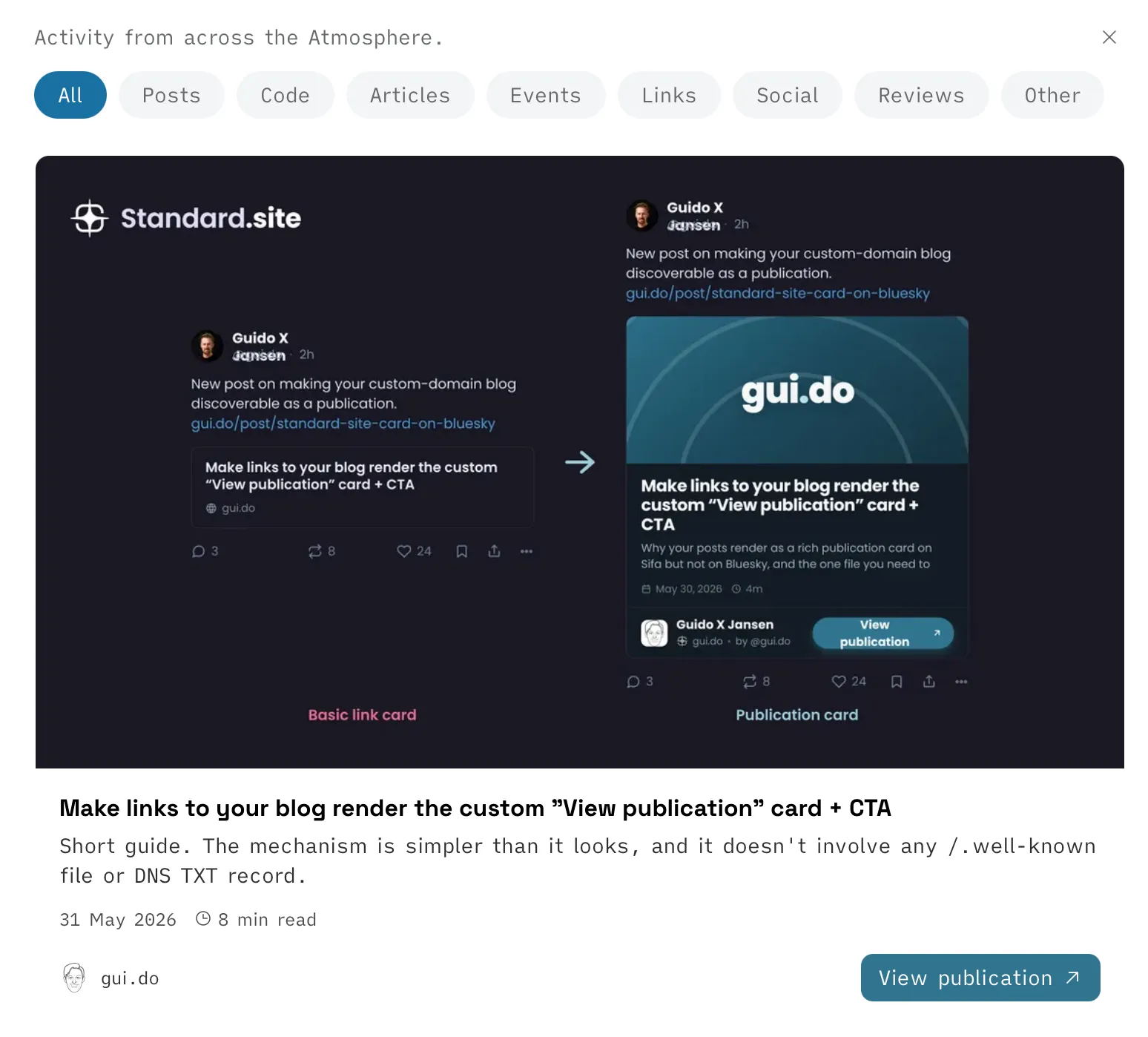 Sifa showing the gui.do guide under its own activity filter tabs, contrasting a plain "Basic link card" with the richer "Publication card" (title, description, gui.do avatar and a "View publication" button)